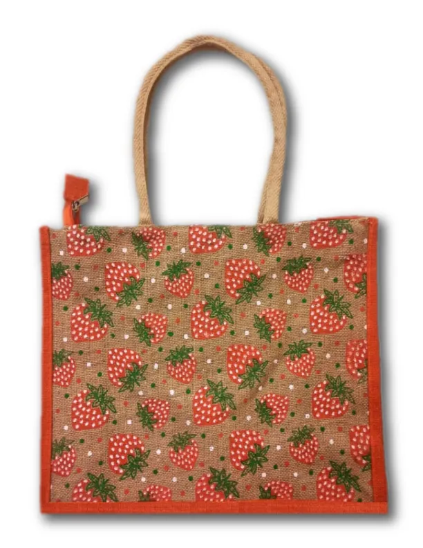 Jute Bag (Strawberry Print-Blue)